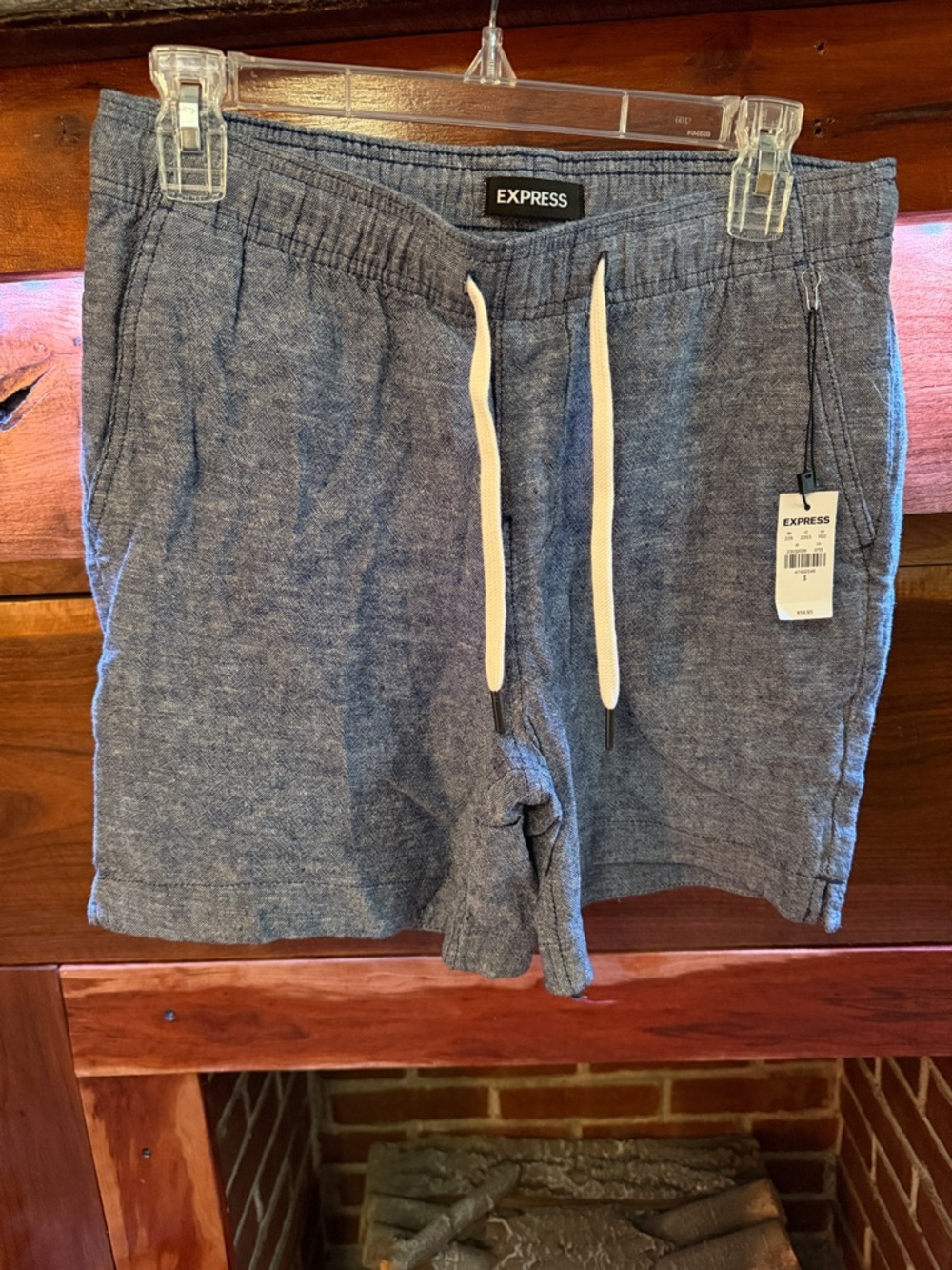Express Men's Heather Navy Knit Shorts with White Drawstrings, Size Small